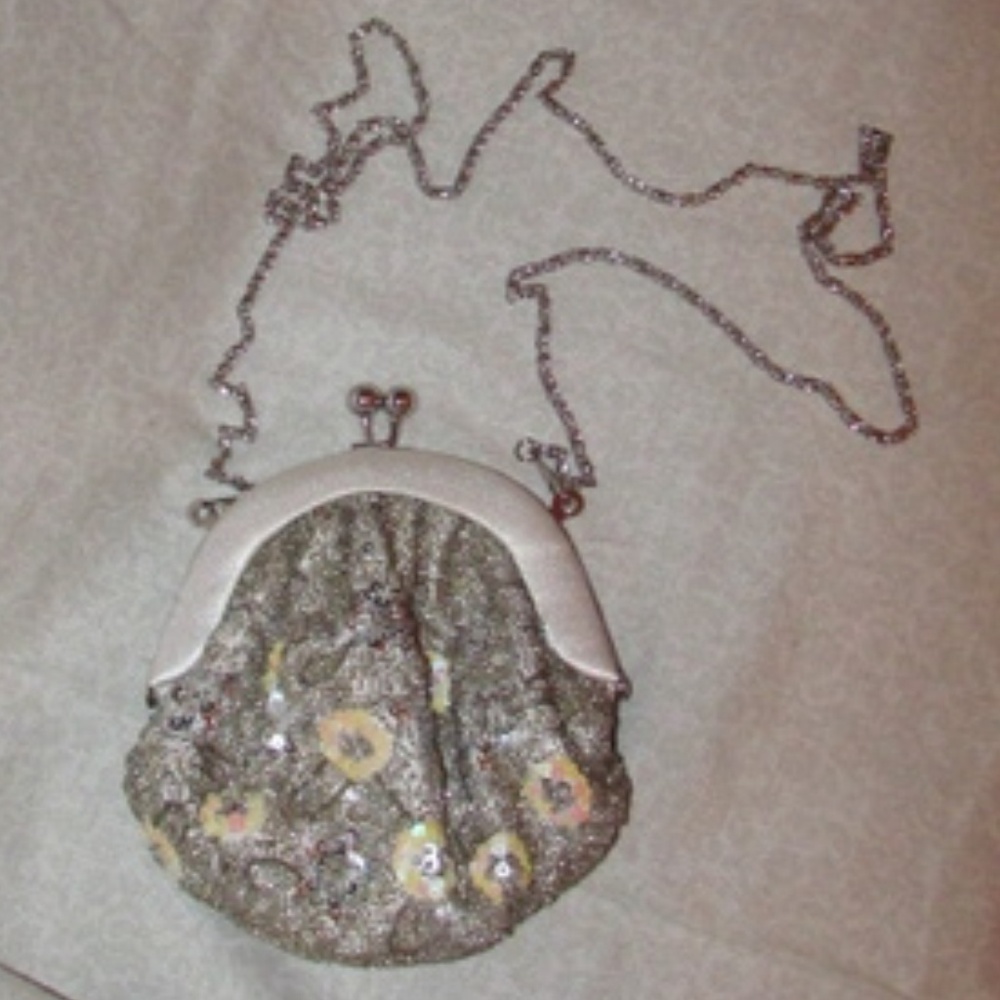 Silver Evening Crossbody Beaded Kisslock Purse EUC